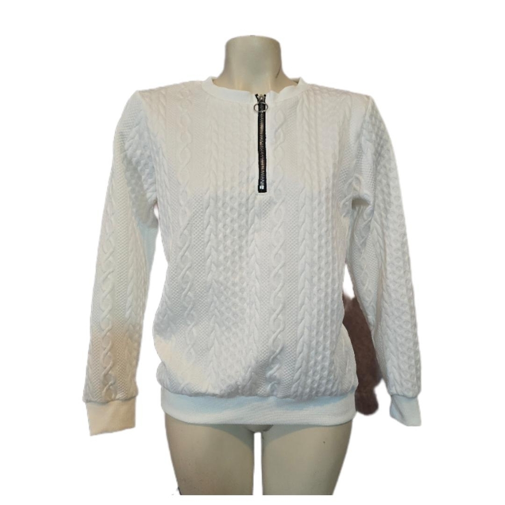 White Cable Knit‎ Sweater with Zipper